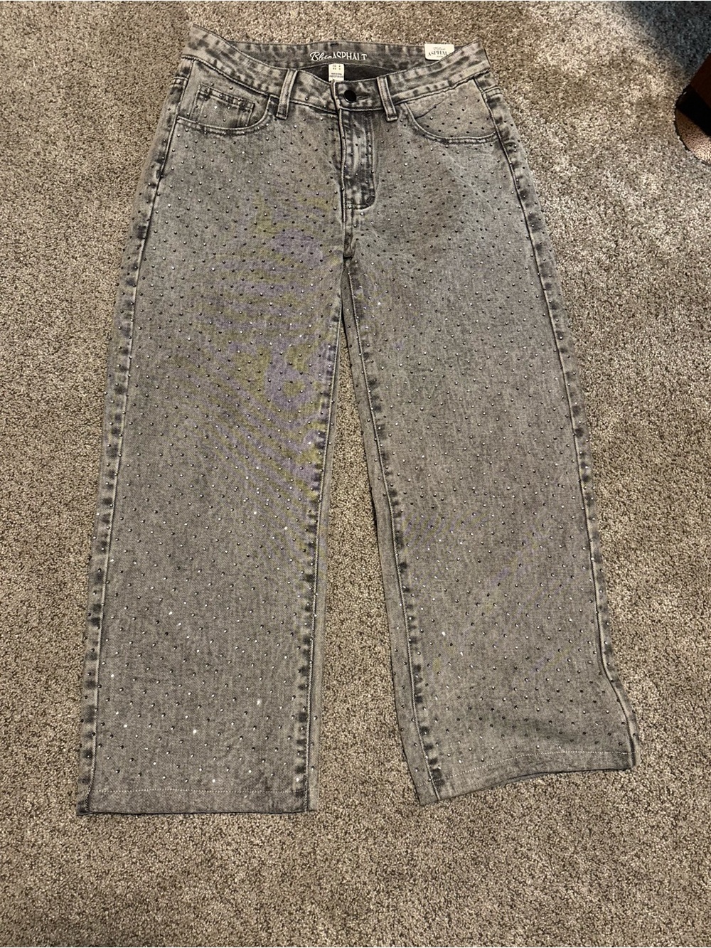 Blue Asphalt Light Gray Studded Wide-Leg Jeans rhinestone rodeo western country